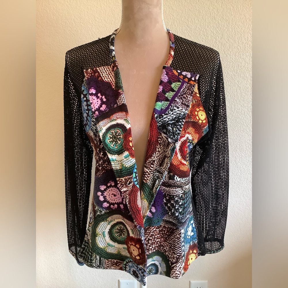 Adore Multicolor Patterned Blazer with Black Mesh Sleeves